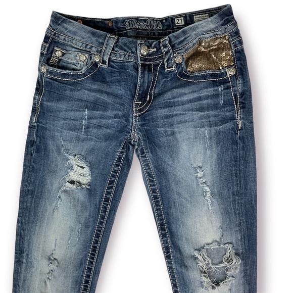 Miss Me Cuffed Skinny Flap Pocket Sequin Detail Distressed Jeans Sz 27 - Picture 2 of 12